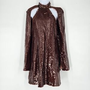 Sabina Musayev Arena Mini Dress Open Back in Brown Cinnamon Sequin Size S